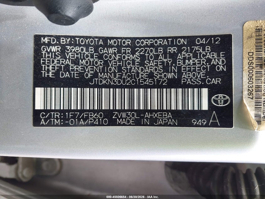 2012 Toyota Prius VIN JTDKN3DU2C1545172 IAAI salvage auction — NORMAL WEAR, Clear (Tennessee), sold $2,450 on 2026-07-28 (photo 9)