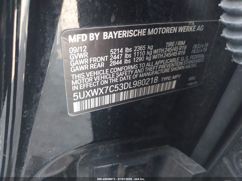 2013 BMW X3 VIN 5UXWX7C53DL980218 IAAI salvage auction — NORMAL WEAR, Clear (Pennsylvania), sold $550 on 2026-07-31 (photo 9)