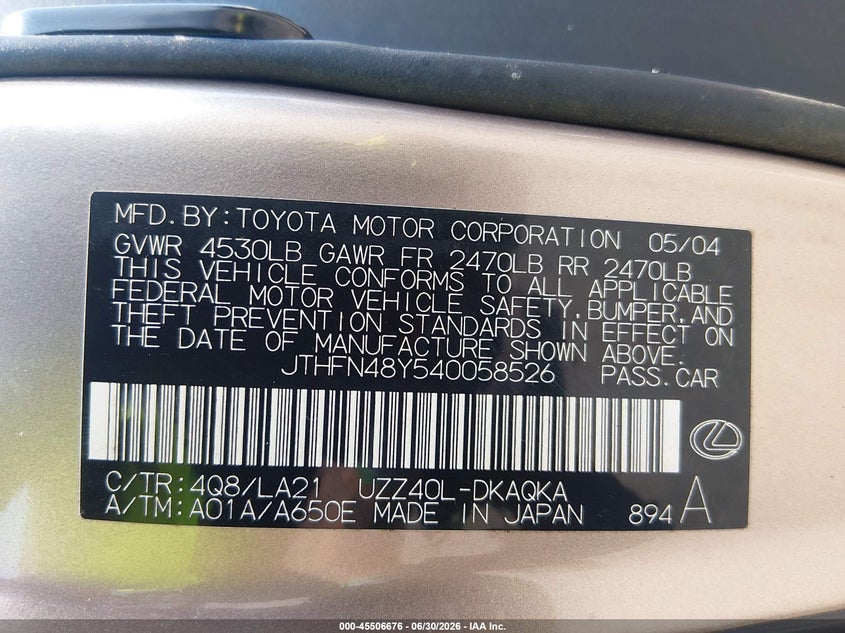 2004 Lexus Sc 430 VIN JTHFN48Y540058526 IAAI salvage auction — FRONT & REAR, Clear (New Jersey), sold $1,500 on 2026-07-27 (photo 9)