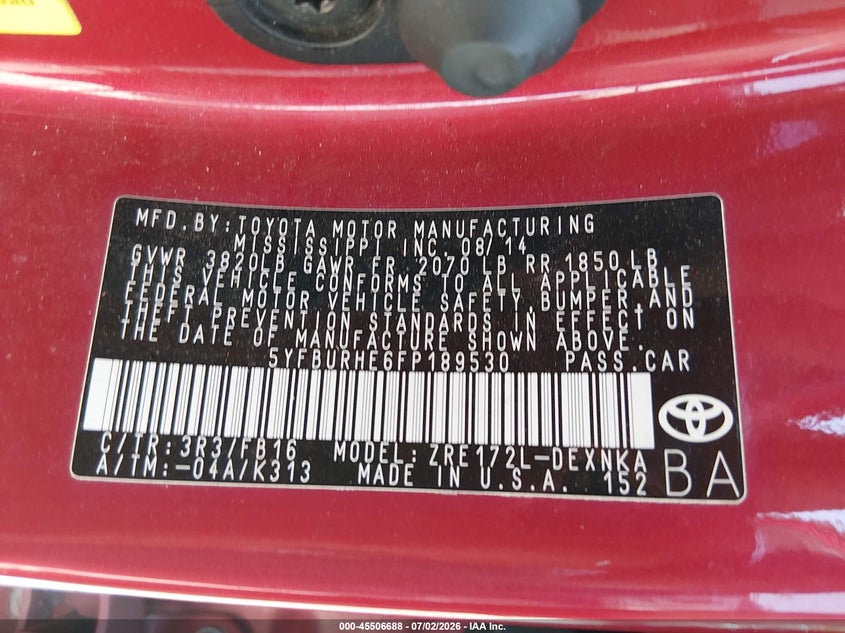 2015 Toyota Corolla VIN 5YFBURHE6FP189530 IAAI salvage auction — FRONT END, Salvage (Tennessee), sold $1,125 on 2026-07-16 (photo 9)