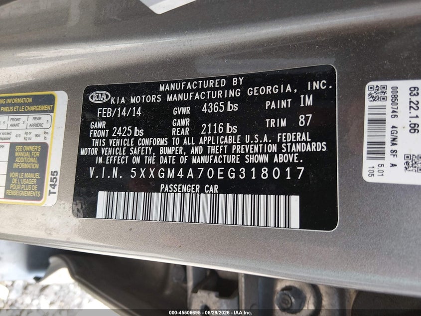 2014 Kia Optima VIN 5XXGM4A70EG318017 IAAI salvage auction — LEFT FRONT, Salvage Title, sold $450 on 2026-07-22 (photo 9)