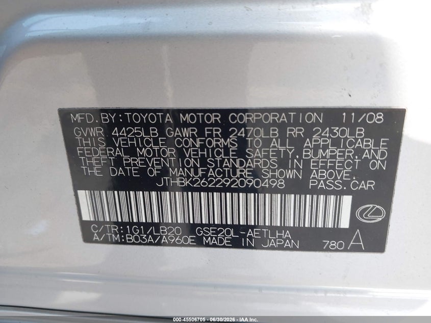 2009 Lexus Is 250 VIN JTHBK262292090498 IAAI salvage auction — FRONT END, Rebuildable (Florida), sold $250 on 2026-07-27 (photo 9)