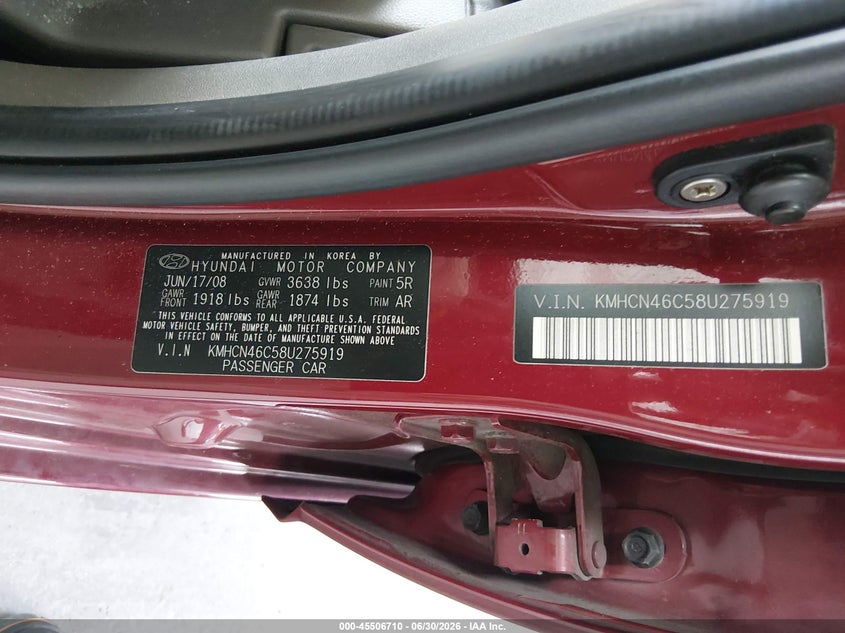 2008 Hyundai Accent VIN KMHCN46C58U275919 IAAI salvage auction — LEFT FRONT, Rebuildable (Florida), sold $675 on 2026-07-29 (photo 9)