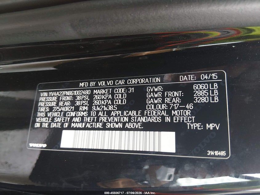 2016 Volvo Xc90 VIN YV4A22PN8G1002480 IAAI salvage auction — WATER/FLOOD, Salvage (Ohio), sold $4,550 on 2026-07-28 (photo 9)