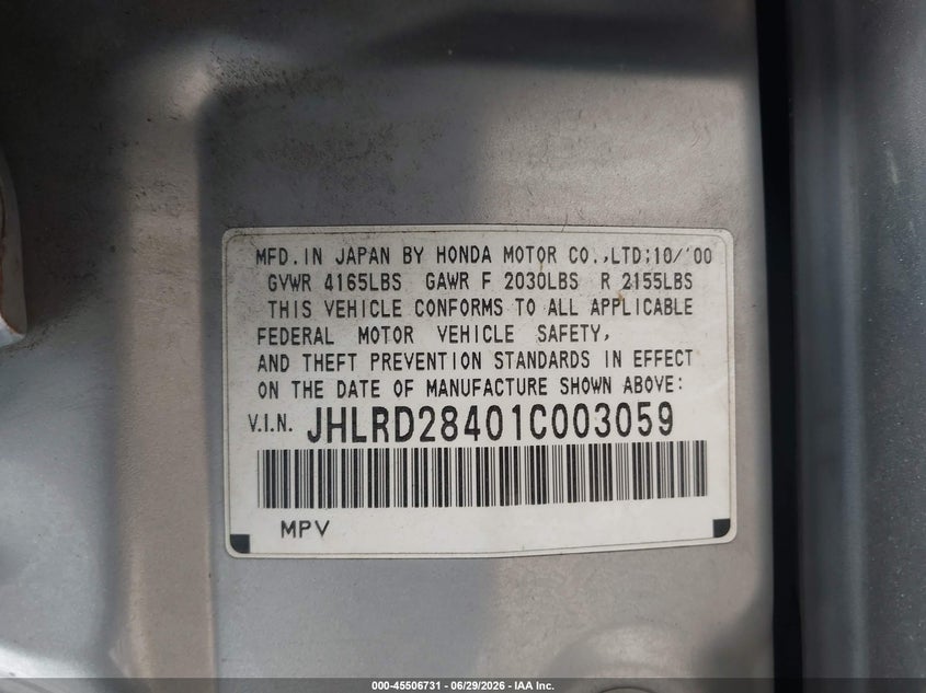 2001 Honda Cr-v VIN JHLRD28401C003059 IAAI salvage auction — NORMAL WEAR, Clear - Dealer Only (California), sold $875 on 2026-07-15 (photo 9)