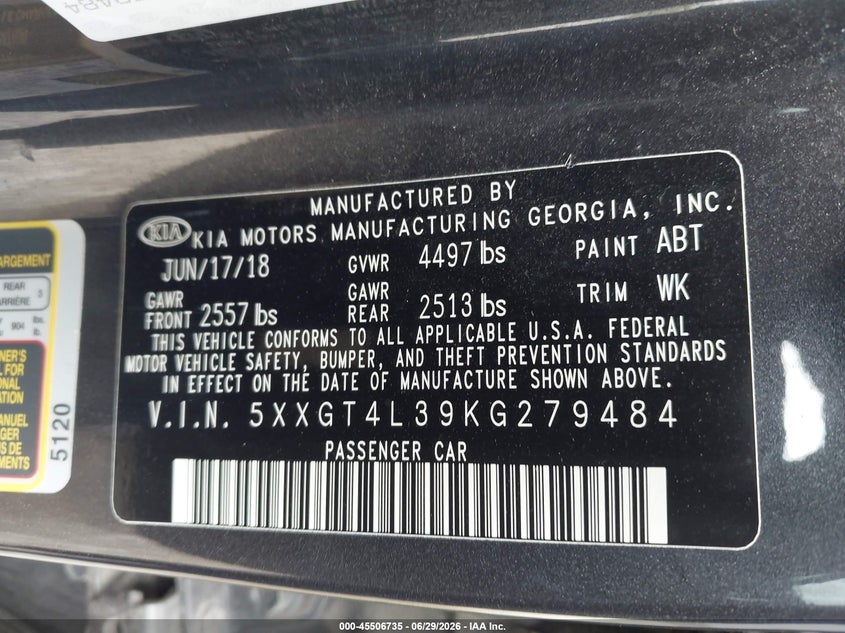 2019 Kia Optima VIN 5XXGT4L39KG279484 IAAI salvage auction — FRONT END, Junk Bill Of Sale Mv2459 (Wisconsin), sold $1,250 on 2026-07-28 (photo 9)