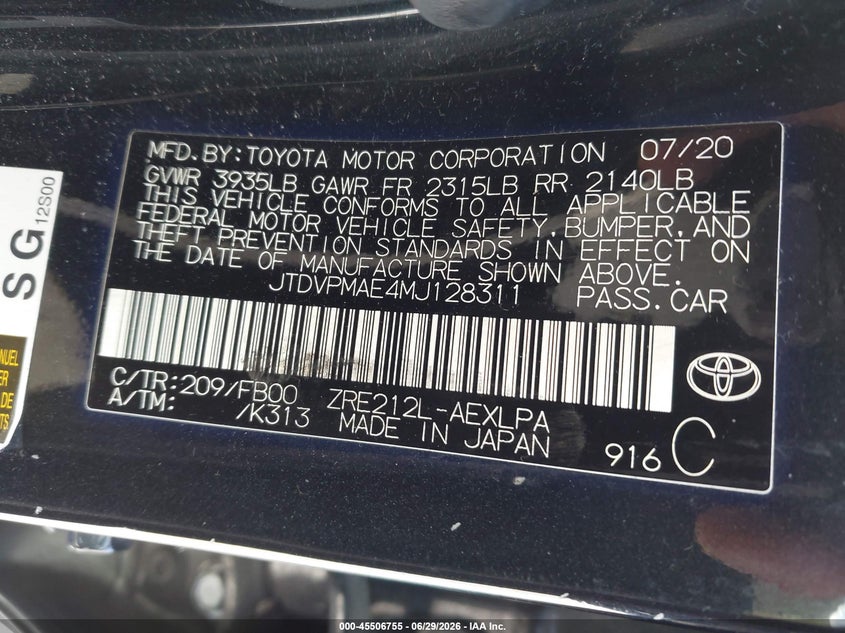 2021 Toyota Corolla VIN JTDVPMAE4MJ128311 IAAI salvage auction — NORMAL WEAR, Clear - Dealer Only (California), sold $6,650 on 2026-07-06 (photo 9)