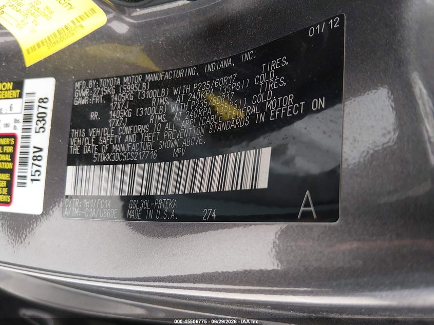 2012 Toyota Sienna VIN 5TDKK3DC5CS217716 IAAI salvage auction — LEFT FRONT, Salvage (California), sold $2,650 on 2026-07-16 (photo 9)
