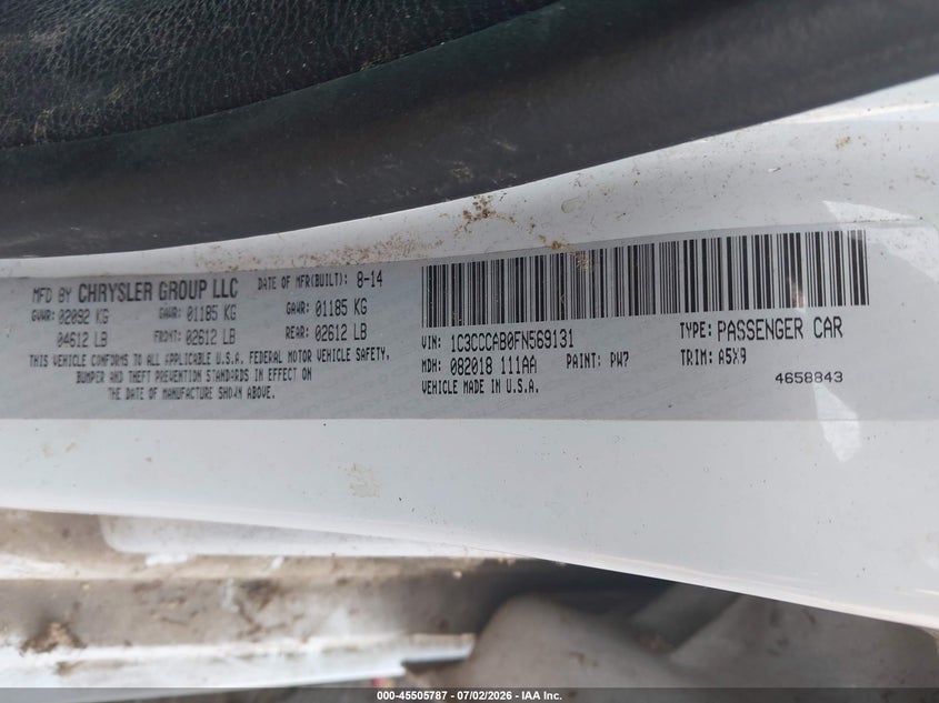 2015 Chrysler 200 VIN 1C3CCCAB0FN569131 IAAI salvage auction — SIDE, Salvage Title, sold $625 on 2026-07-24 (photo 9)
