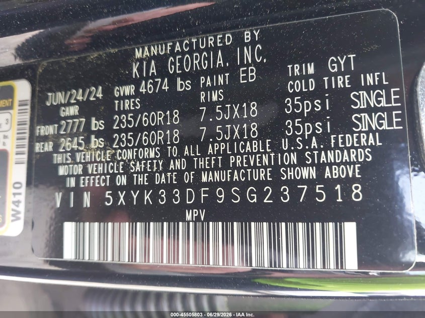 2025 Kia Sportage VIN 5XYK33DF9SG237518 IAAI salvage auction — FRONT END, Salvage (Georgia), sold $8,300 on 2026-07-30 (photo 9)