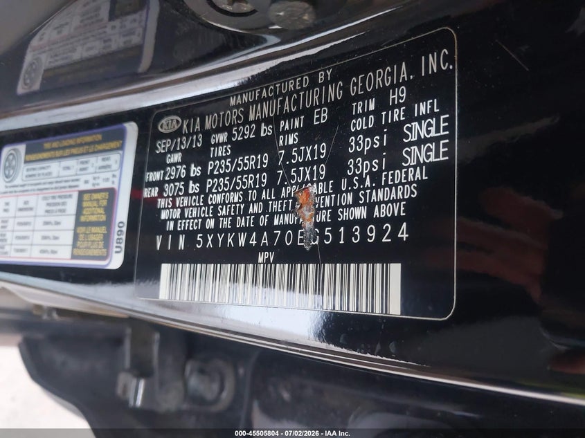 2014 Kia Sorento VIN 5XYKW4A70EG513924 IAAI salvage auction — FRONT END, Clear (Virginia), sold $1,650 on 2026-07-16 (photo 9)