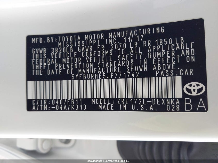 2018 Toyota Corolla VIN 5YFBURHE5JP771742 IAAI salvage auction — REAR END, Salvage Title, sold $5,425 on 2026-07-29 (photo 9)