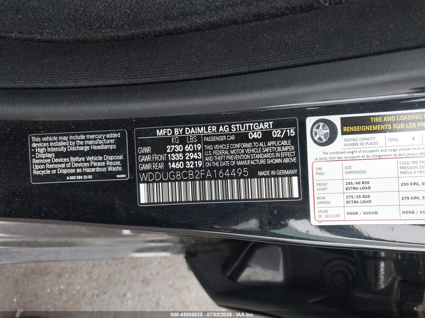 2015 Mercedes-benz S-klasse VIN WDDUG8CB2FA164495 IAAI salvage auction — FRONT END, Salvage Title, sold $2,550 on 2026-08-07 (photo 9)