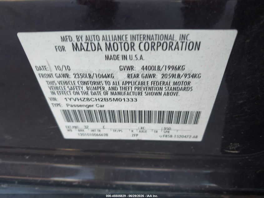 2011 Mazda 6 VIN 1YVHZ8CH2B5M01333 IAAI salvage auction — RIGHT SIDE, Rebuildable (Florida), sold $550 on 2026-07-21 (photo 9)