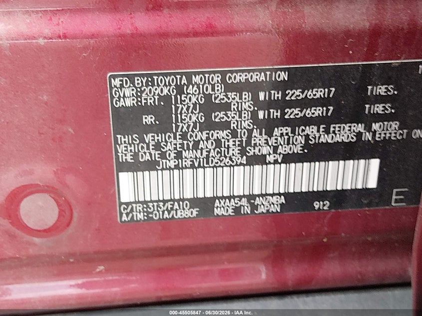 2020 Toyota Rav 4 VIN JTMP1RFV1LD526394 IAAI salvage auction — LEFT FRONT, Salvage (Kentucky), sold $4,550 on 2026-07-29 (photo 9)