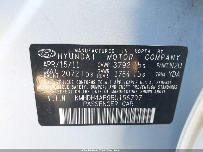 2011 Hyundai Elantra VIN KMHDH4AE9BU156797 IAAI salvage auction — REAR END, Salvage (California), sold $1,250 on 2026-07-13 (photo 9)