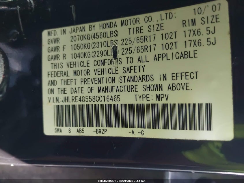 2008 Honda Cr-v VIN JHLRE48558C016465 IAAI salvage auction — FRONT END, Clear (Virginia), sold $1,400 on 2026-07-25 (photo 9)