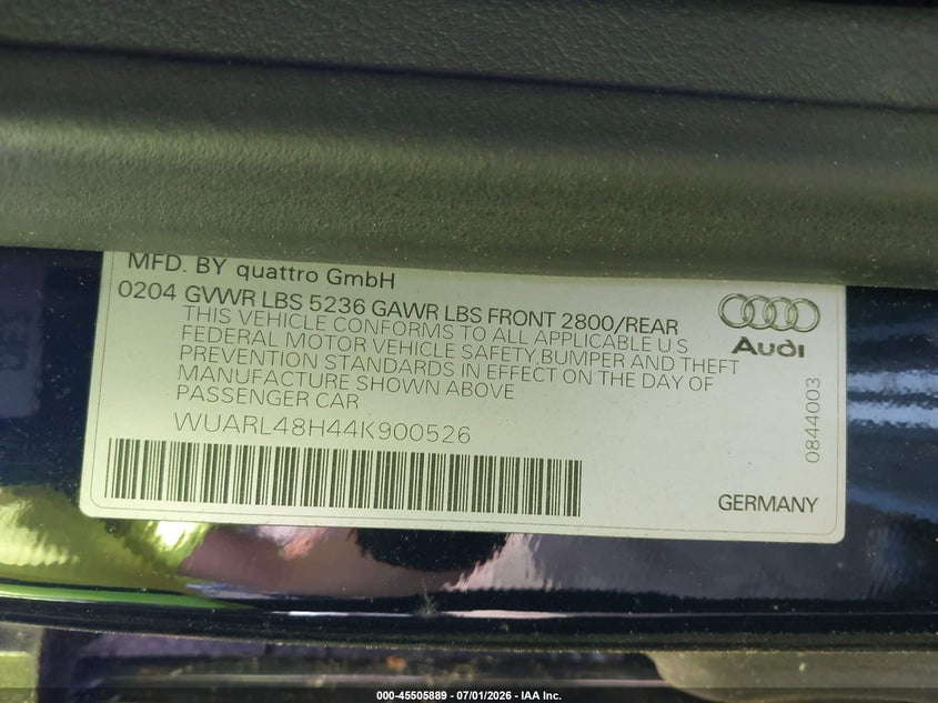 2004 Audi S4 VIN WUARL48H44K900526 IAAI salvage auction — NORMAL WEAR, Clear (Michigan), sold $750 on 2026-07-09 (photo 9)