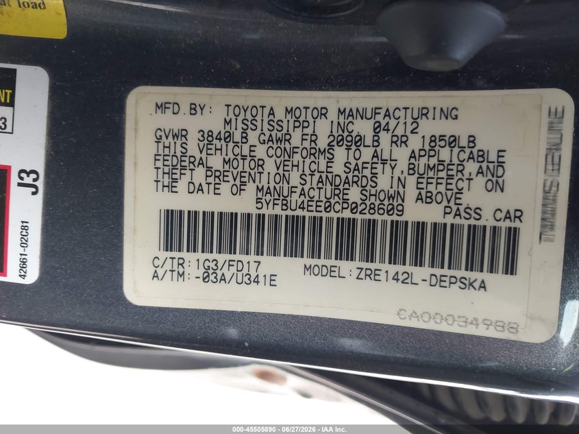2012 Toyota Corolla VIN 5YFBU4EE0CP028609 IAAI salvage auction — NORMAL WEAR, Original (Texas), sold $2,450 on 2026-07-28 (photo 9)