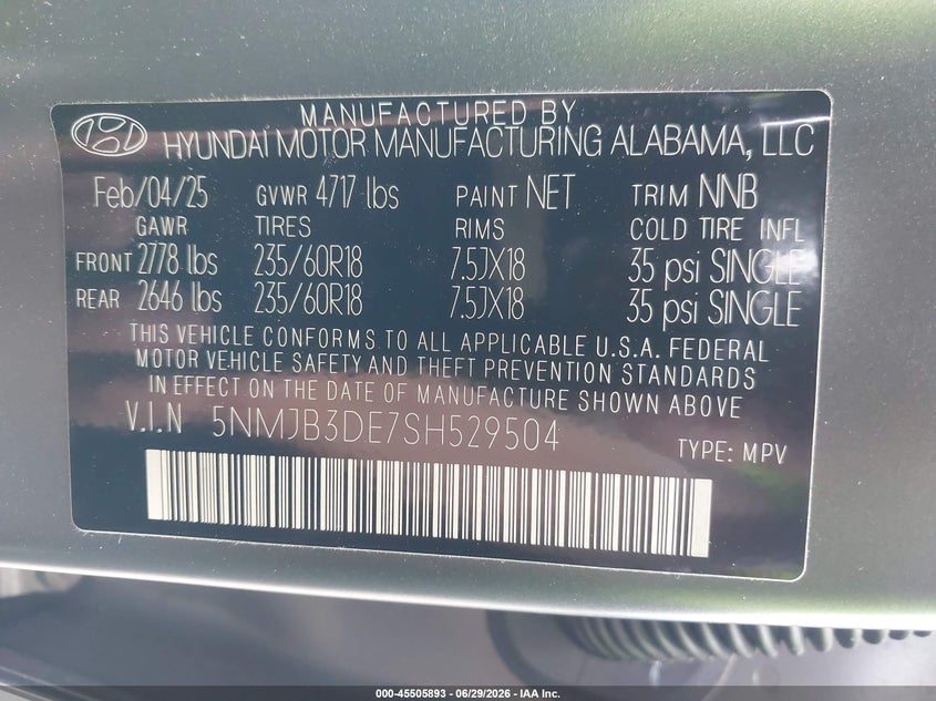 2025 Hyundai Tucson VIN 5NMJB3DE7SH529504 IAAI salvage auction — RIGHT FRONT, Salvage Title, sold $8,000 on 2026-07-12 (photo 9)