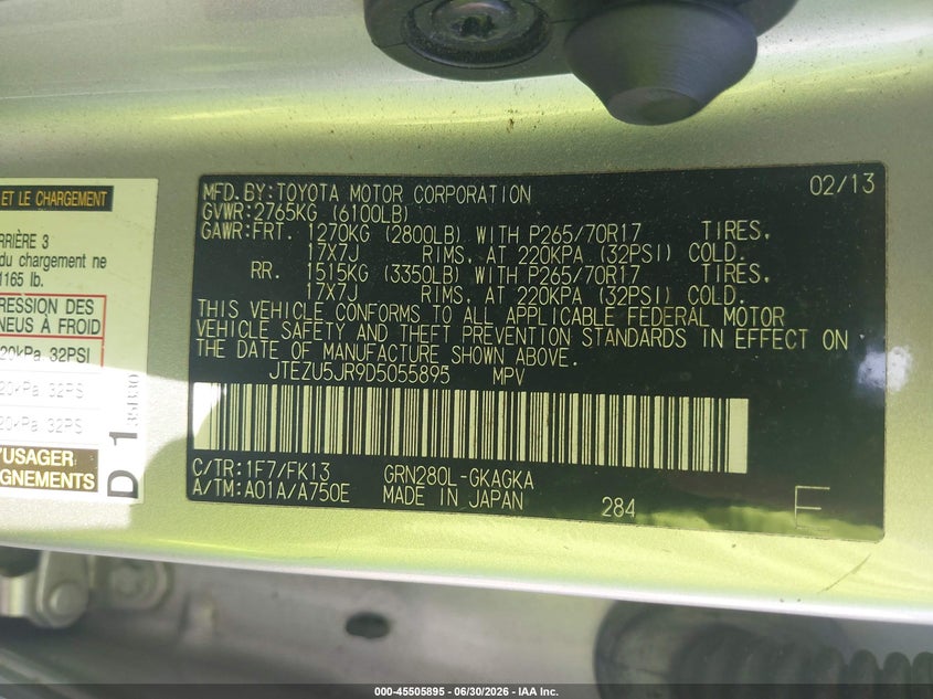2013 Toyota 4runner VIN JTEZU5JR9D5055895 IAAI salvage auction — WATER/FLOOD, Salvage (Idaho), sold $3,050 on 2026-07-30 (photo 9)