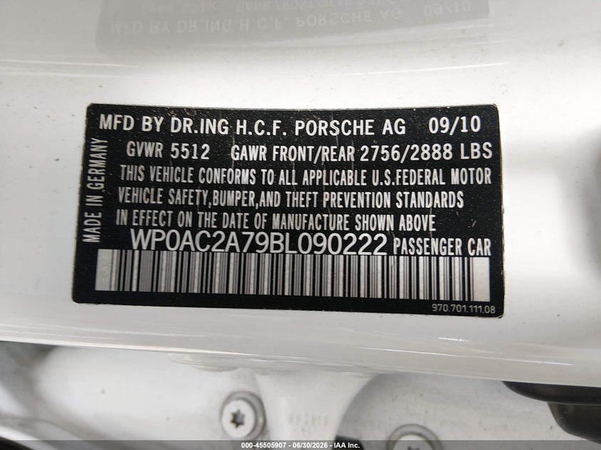 2011 Porsche Panamera VIN WP0AC2A79BL090222 IAAI salvage auction — FRONT END, Salvage (California), sold $1,725 on 2026-08-12 (photo 9)