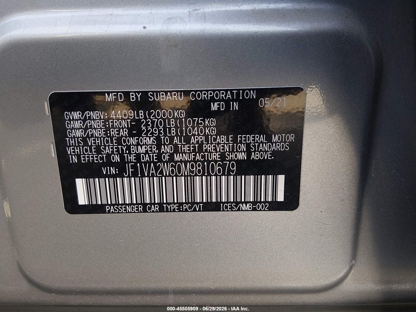 2021 Subaru Wrx sti VIN JF1VA2W60M9810679 IAAI salvage auction — SIDE, Salvage (California), sold $6,200 on 2026-08-02 (photo 9)