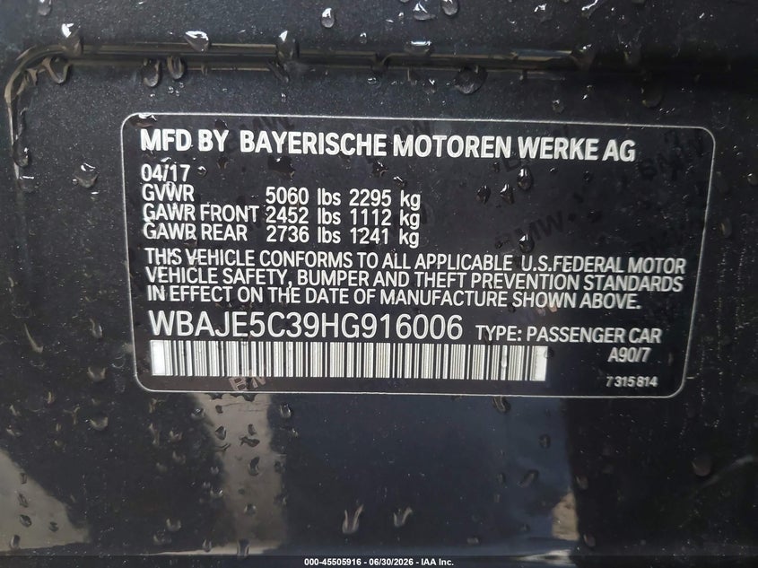 2017 BMW 5er VIN WBAJE5C39HG916006 IAAI salvage auction — LEFT FRONT, Salvage Title, sold $9,200 on 2026-07-29 (photo 9)
