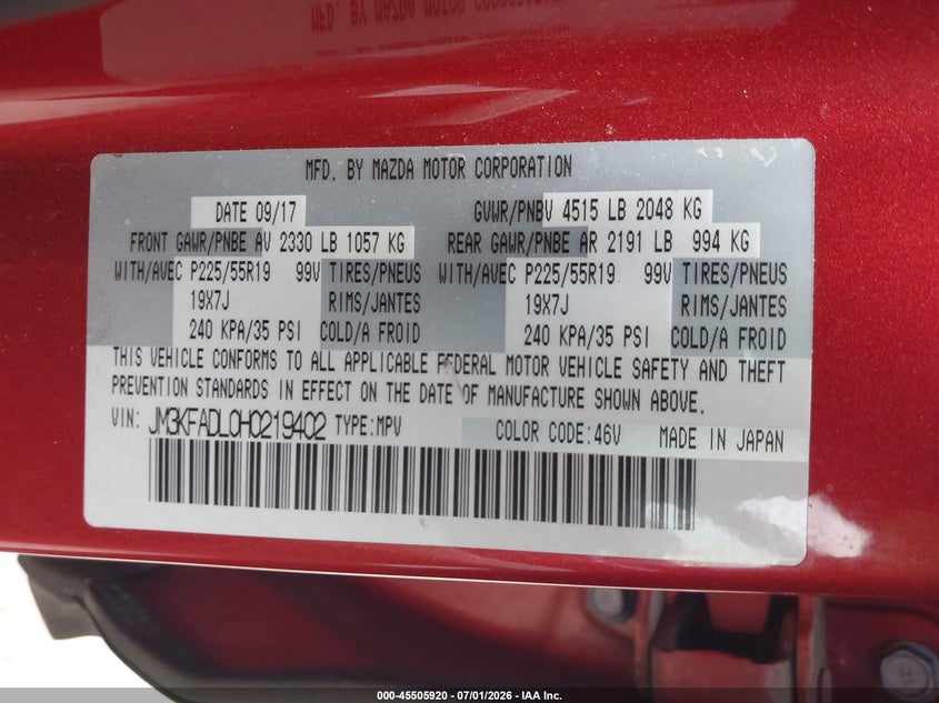 2017 Mazda Cx-5 VIN JM3KFADL0H0219402 IAAI salvage auction — FRONT END, Salvage (Texas), sold $3,500 on 2026-07-12 (photo 9)