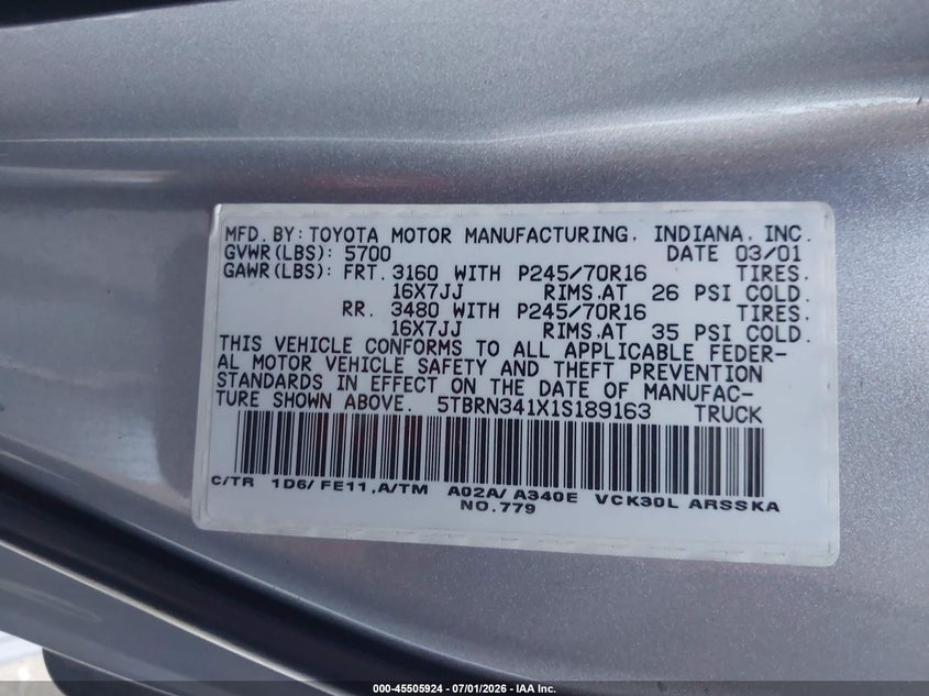2001 Toyota Tundra VIN 5TBRN341X1S189163 IAAI salvage auction — Burn Engine, Salvage (California), sold $175 on 2026-07-30 (photo 9)