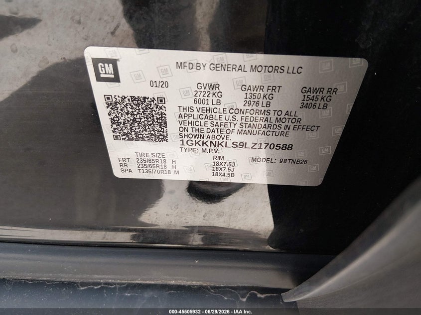 2020 Gmc Acadia VIN 1GKKNKLS9LZ170588 IAAI salvage auction — NORMAL WEAR, Clear (Texas), sold $1,100 on 2026-07-10 (photo 9)
