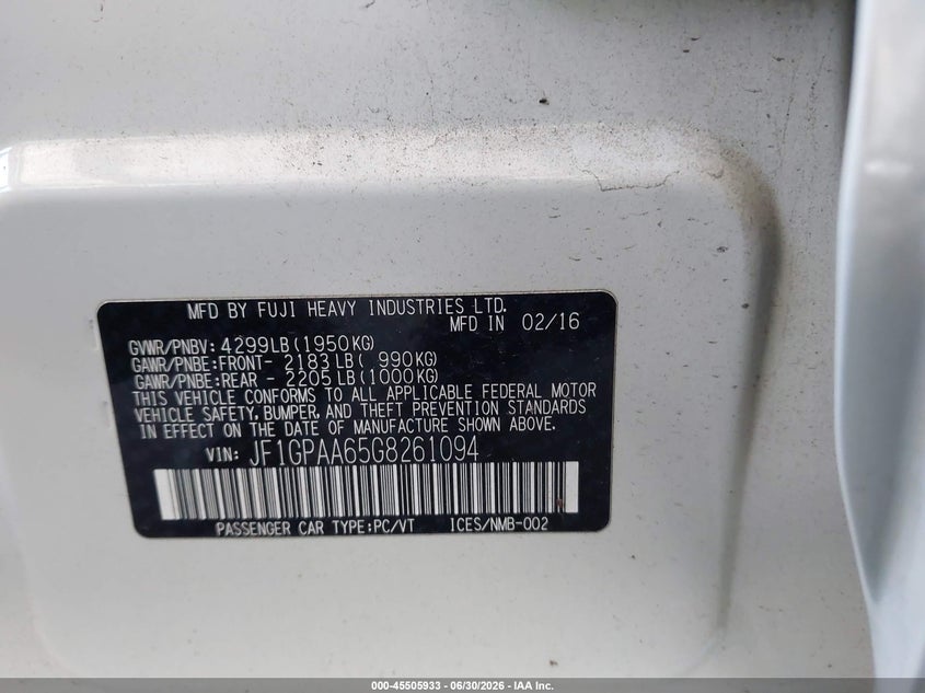 2016 Subaru Impreza VIN JF1GPAA65G8261094 IAAI salvage auction — RIGHT FRONT, Salvage (California), sold $425 on 2026-07-28 (photo 9)