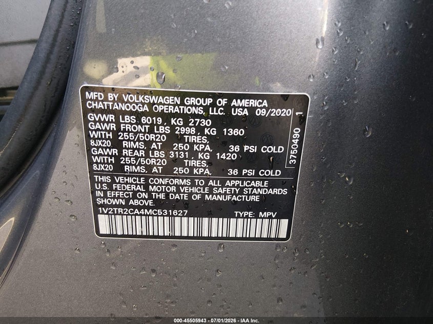 2021 Volkswagen Atlas VIN 1V2TR2CA4MC531627 IAAI salvage auction — FRONT END, Salvage Title, sold $5,100 on 2026-08-01 (photo 9)