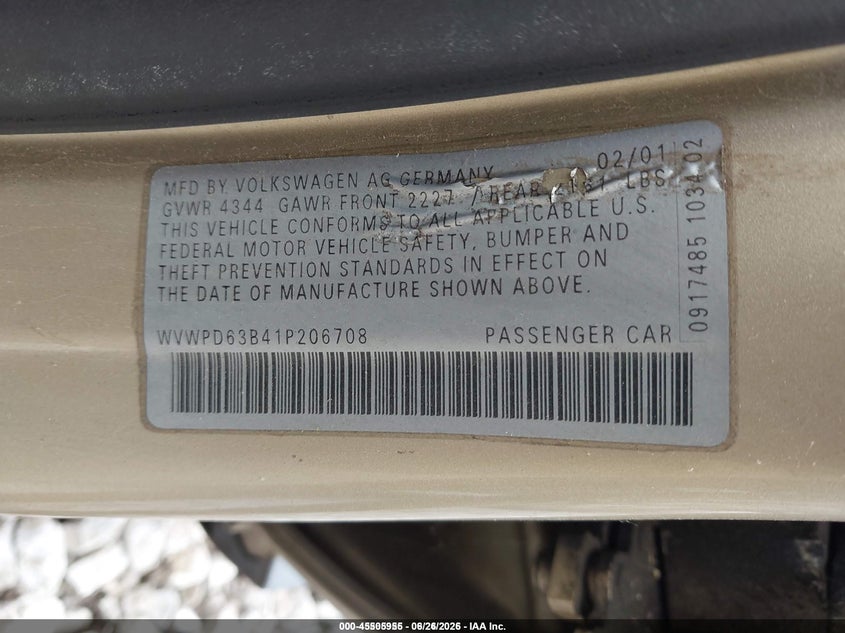 2001 Volkswagen Passat VIN WVWPD63B41P206708 IAAI salvage auction — ENGINE DAMAGE, Salvage (Idaho), sold $425 on 2026-08-18 (photo 9)