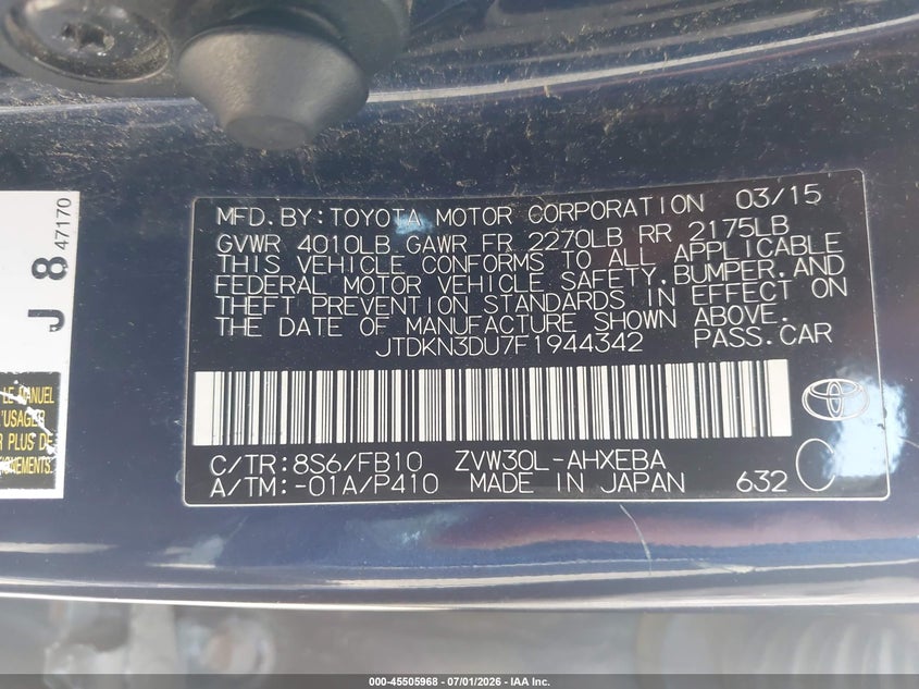 2015 Toyota Prius VIN JTDKN3DU7F1944342 IAAI salvage auction — FRONT END, Salvage Title, sold $25 on 2026-07-28 (photo 9)