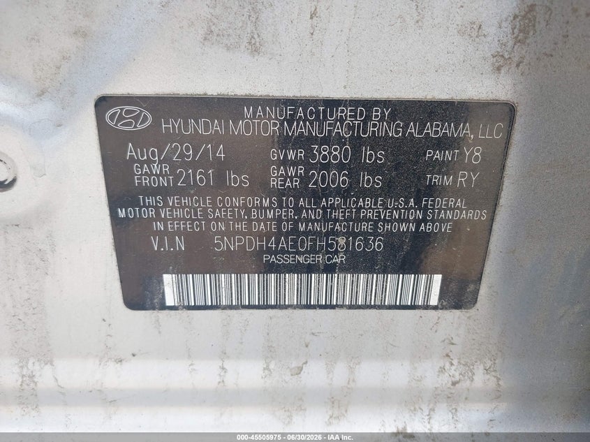 2015 Hyundai Elantra VIN 5NPDH4AE0FH581636 IAAI salvage auction — LEFT & RIGHT, Salvage Title, sold $375 on 2026-07-18 (photo 9)