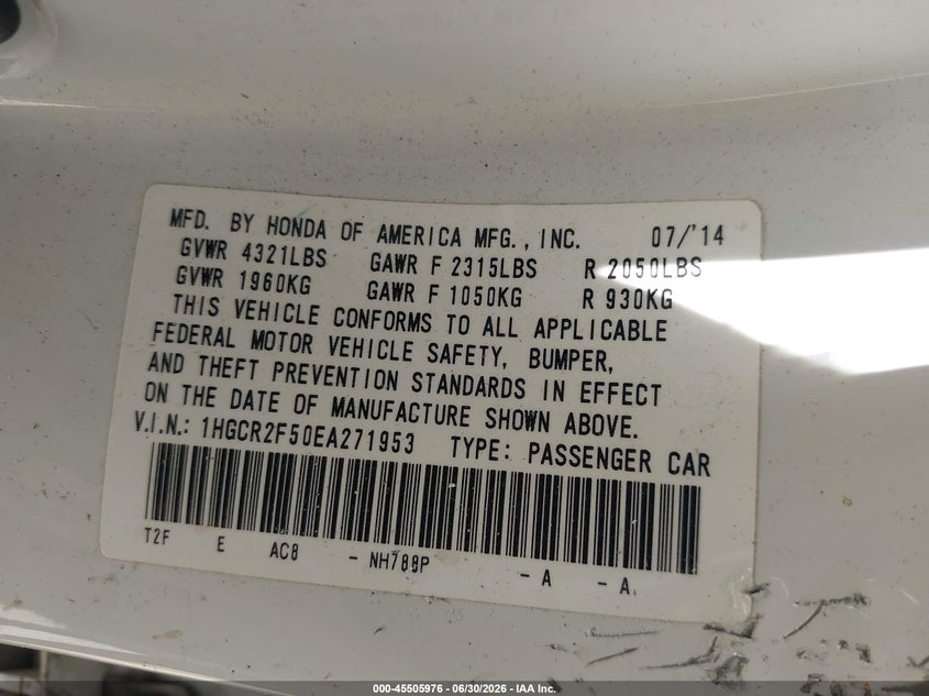 2014 Honda Accord VIN 1HGCR2F50EA271953 IAAI salvage auction — SIDE, Clear (Indiana), sold $2,650 on 2026-08-01 (photo 9)