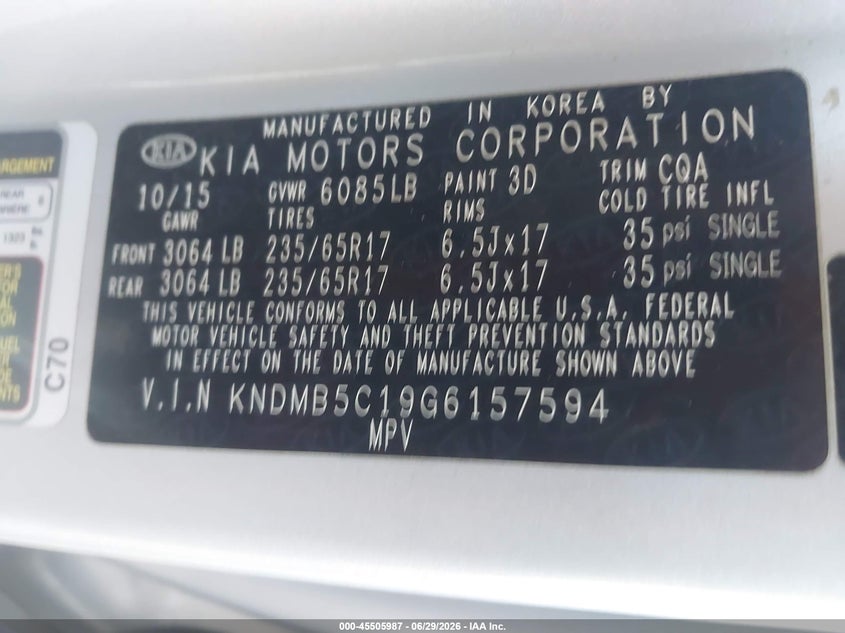 2016 Kia SEDONA VIN KNDMB5C19G6157594 IAAI salvage auction — UNKNOWN, Salvage (Arizona), sold $1,000 on 2026-07-28 (photo 9)