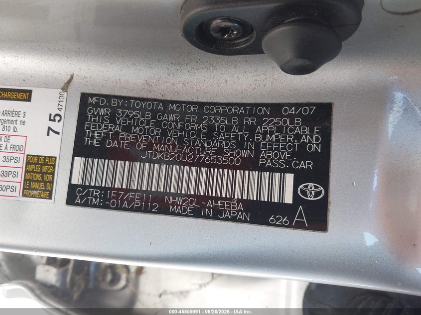 2007 Toyota Prius VIN JTDKB20U277653500 IAAI salvage auction — NORMAL WEAR, Clear - Dealer Only (California), sold $3,100 on 2026-07-09 (photo 9)