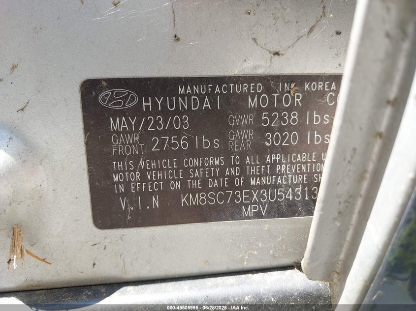 2003 Hyundai Santa fe VIN KM8SC73EX3U543137 IAAI salvage auction — NORMAL WEAR, Original (Maine), sold $300 on 2026-07-20 (photo 9)