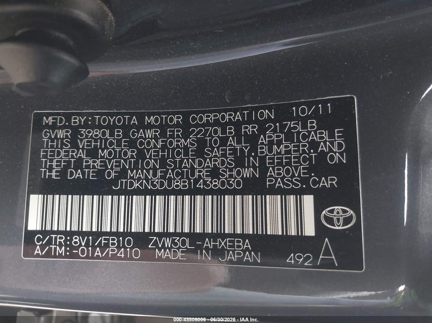 2011 Toyota Prius VIN JTDKN3DU8B1438030 IAAI salvage auction — FRONT END, Salvage (California), sold $2,450 on 2026-08-02 (photo 9)