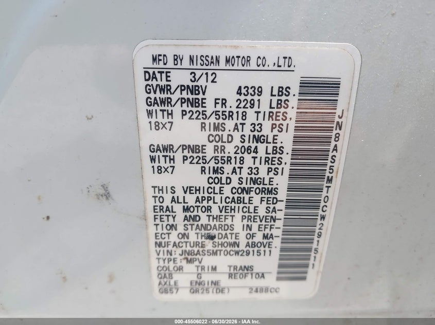 2012 Nissan Rogue VIN JN8AS5MT0CW291511 IAAI salvage auction — NORMAL WEAR, Clear (Florida), sold $750 on 2026-08-01 (photo 9)
