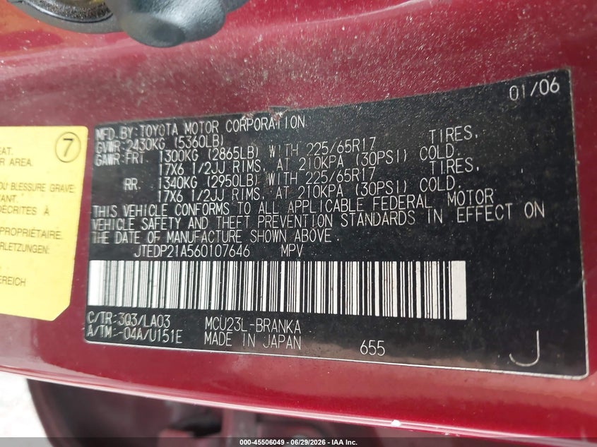 2006 Toyota Highlander VIN JTEDP21A560107646 IAAI salvage auction — NORMAL WEAR, Clear (Virginia), sold $175 on 2026-07-10 (photo 9)