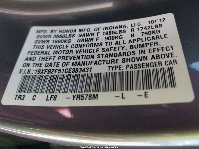 2012 Honda Civic VIN 19XFB2F51CE383431 IAAI salvage auction — FRONT END, Salvage (California), sold $850 on 2026-07-10 (photo 9)