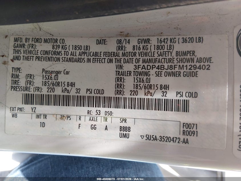 2015 Ford Fiesta VIN 3FADP4BJ8FM129402 IAAI salvage auction — ROOF, Salvage Title, sold $825 on 2026-07-25 (photo 9)