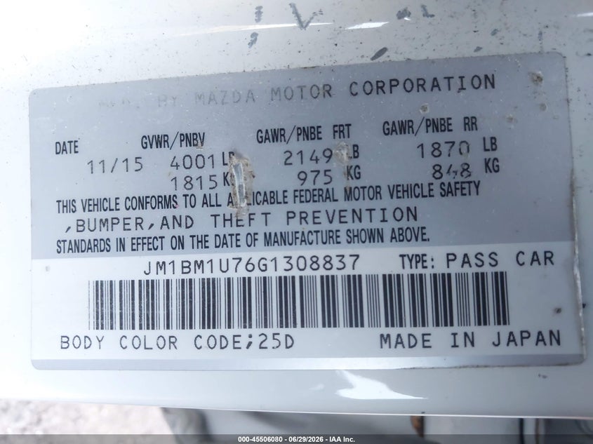 2016 Mazda 3 VIN JM1BM1U76G1308837 IAAI salvage auction — FRONT END, Salvage Title, sold $25 on 2026-07-28 (photo 9)