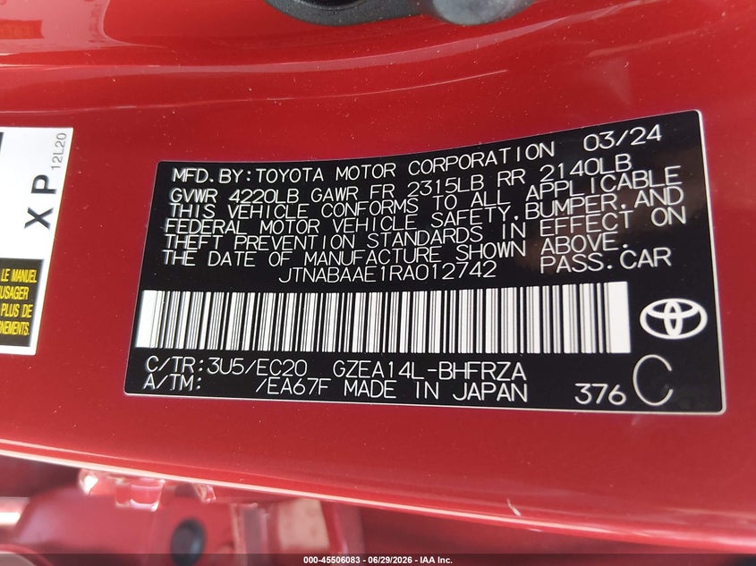 2024 Toyota Corolla VIN JTNABAAE1RA012742 IAAI salvage auction — FRONT END, Wait Title, sold $10,700 on 2026-08-02 (photo 9)