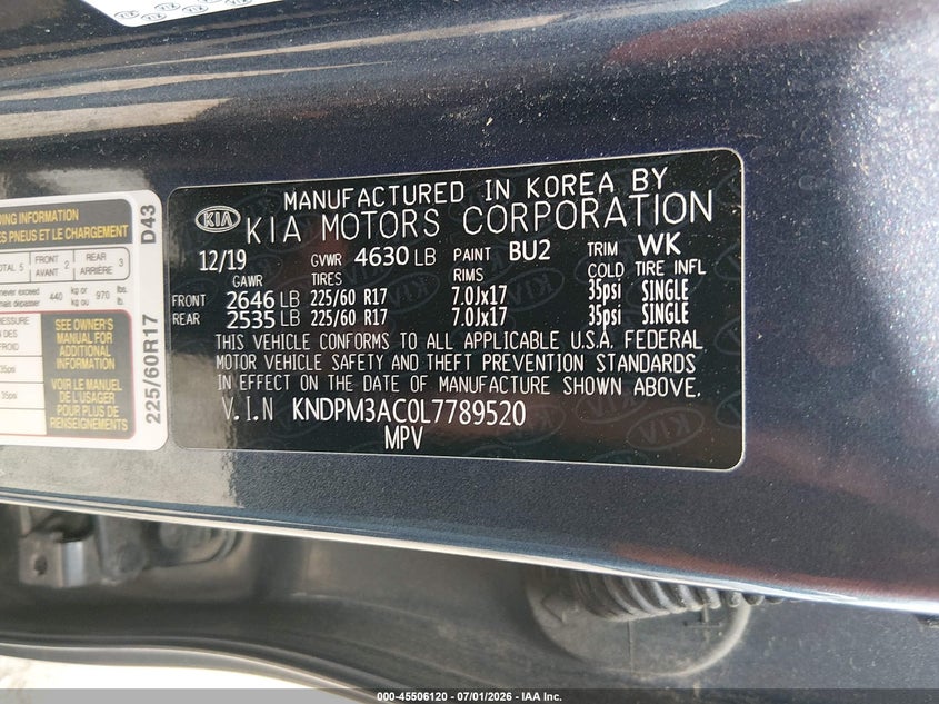 2020 Kia Sportage VIN KNDPM3AC0L7789520 IAAI salvage auction — FRONT END, Salvage Title, sold $2,500 on 2026-08-01 (photo 9)