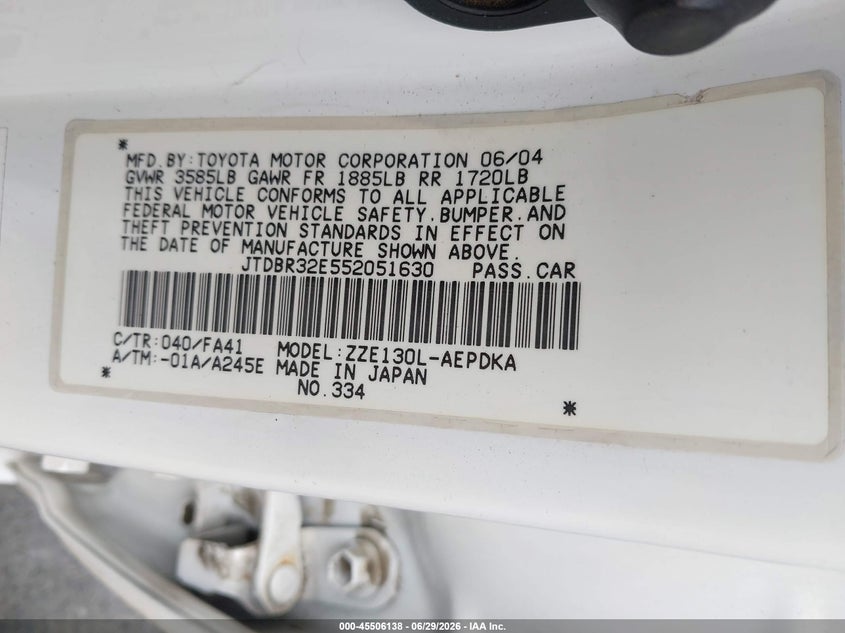 2005 Toyota Corolla VIN JTDBR32E552051630 IAAI salvage auction — LEFT REAR, Salvage (California), sold $1,000 on 2026-07-23 (photo 9)