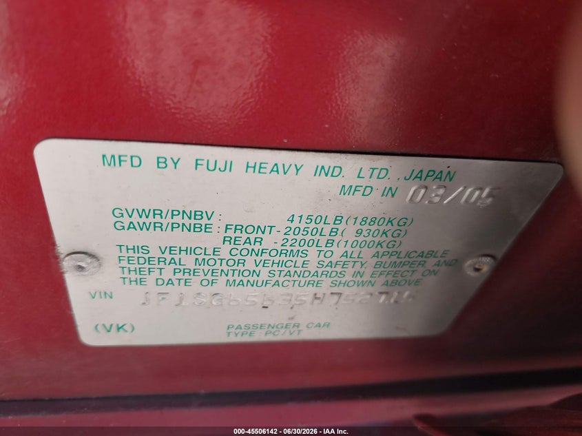 2005 Subaru Forester VIN JF1SG65635H752715 IAAI salvage auction — FRONT END, Salvage - Greater Than 75% (Maryland), sold $200 on 2026-07-15 (photo 9)